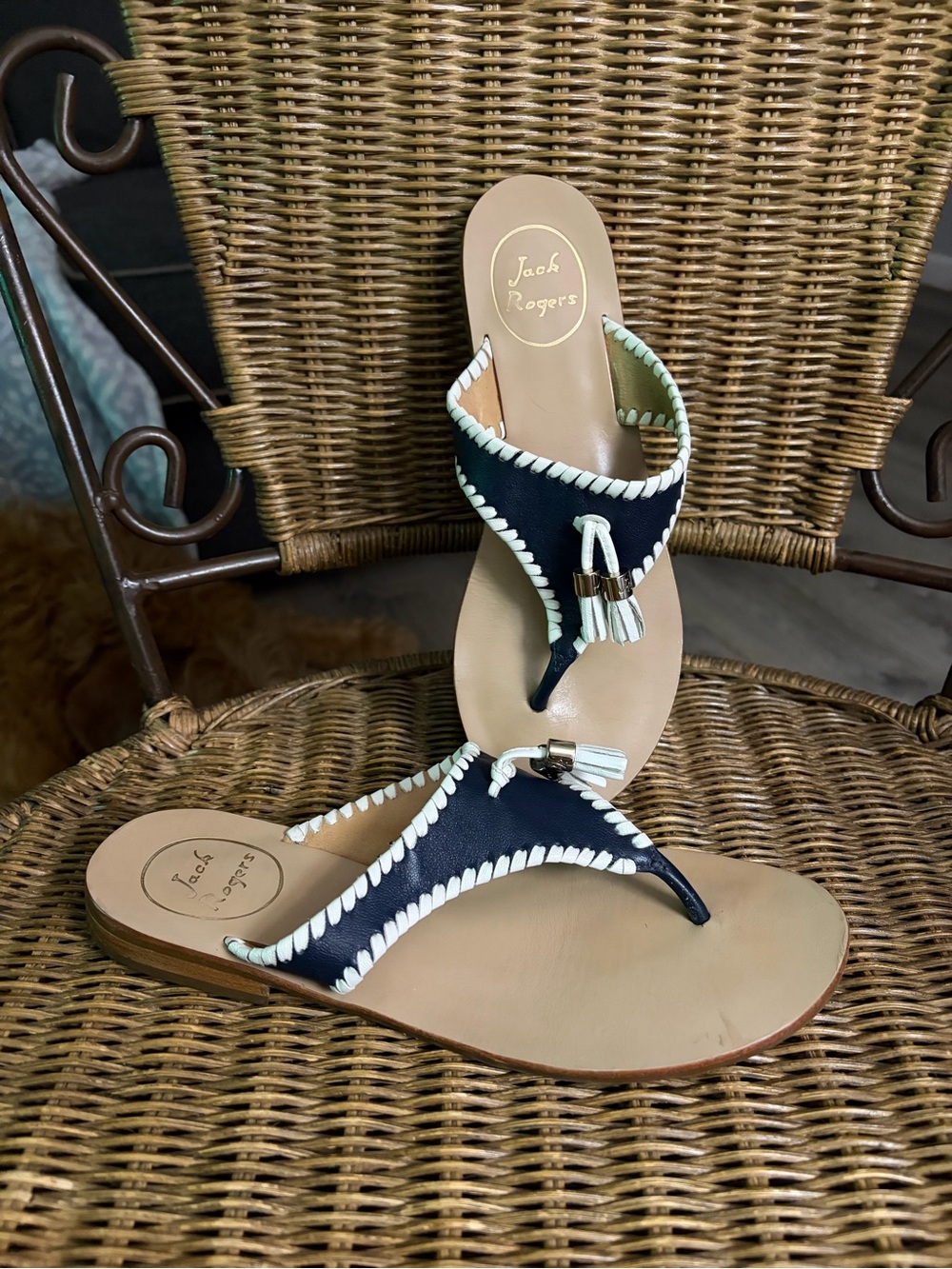 Jack Rogers Alana Sandals Sz 7 Navy/ White Whipstitch & Tassels